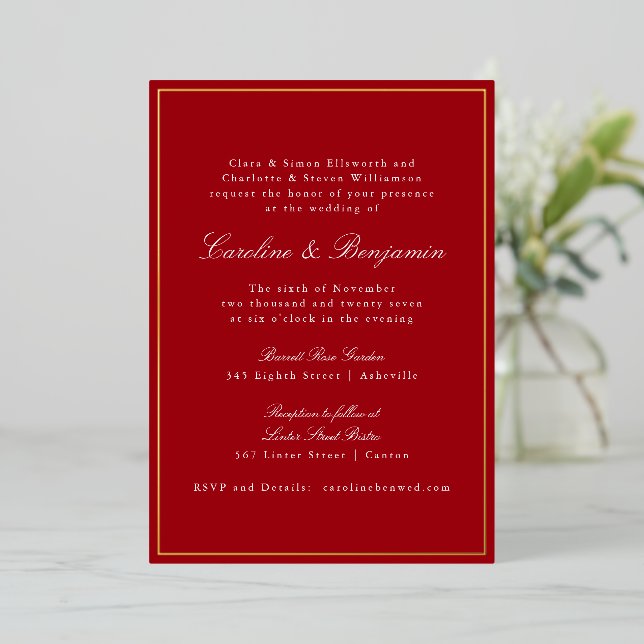 Invitation En Aluminium Mariage Élégant Classique Rouge Bordure Or Formel (Debout devant)
