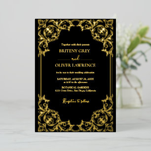 Invitation En Aluminium Mariage élégant en damas noir et or