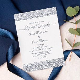 Invitation En Aluminium Mariage élégant en feuille d'argent blanc damassé