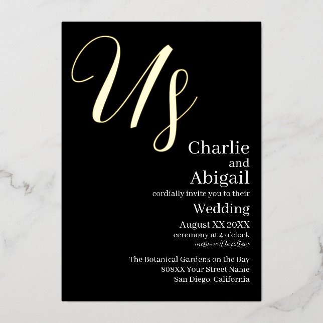 Invitation En Aluminium Mariage élégant et moderne des Etats-Unis sur Noir (Recto)