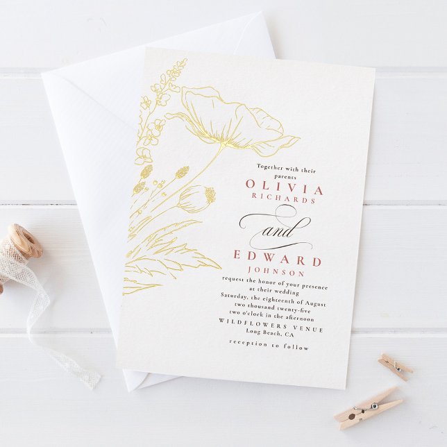 Invitation En Aluminium Mariage élégant Fleur sauvage Dusty rose (Gold foil wildflowers wedding invites)
