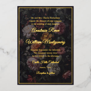 Invitation En Aluminium Mariage Élégant Fleuris Sombres Noir & Or