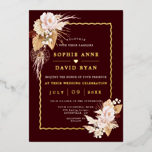 Invitation En Aluminium Mariage Élégant Fleurs Blush d'Or Herbe de Pampas