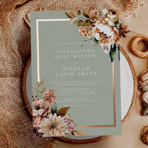 Invitation En Aluminium Mariage Élégant Fleurs Vert Sauge et Or Rose
