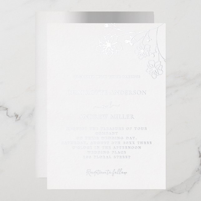 Invitation En Aluminium Mariage élégant floral argent blanc (Recto/Verso)