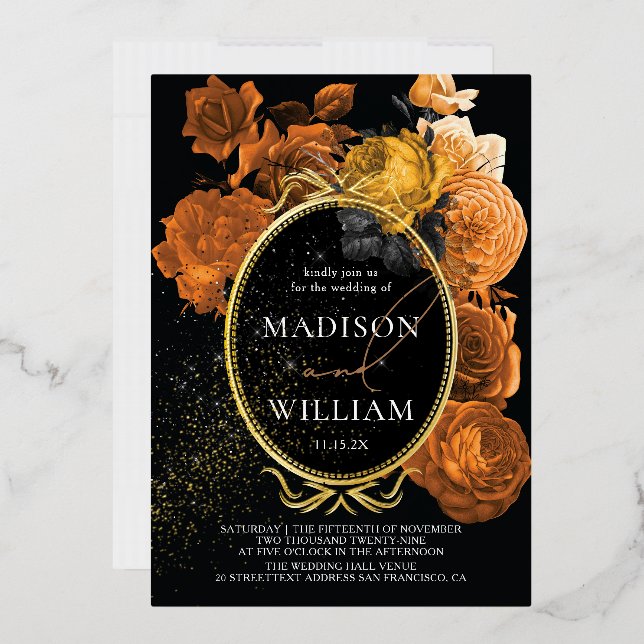 Invitation En Aluminium Mariage élégant Floral noir et orange (Enveloppe)