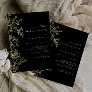 Invitation En Aluminium Mariage Élégant Floral Noir Or