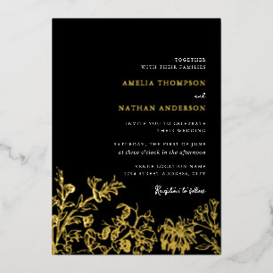 Invitation En Aluminium Mariage Élégant Floral Vintage Or Noir