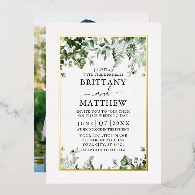 Invitation En Aluminium Mariage Elégant Ivy Sage Vert verdure Photo Or (Recto/Verso)