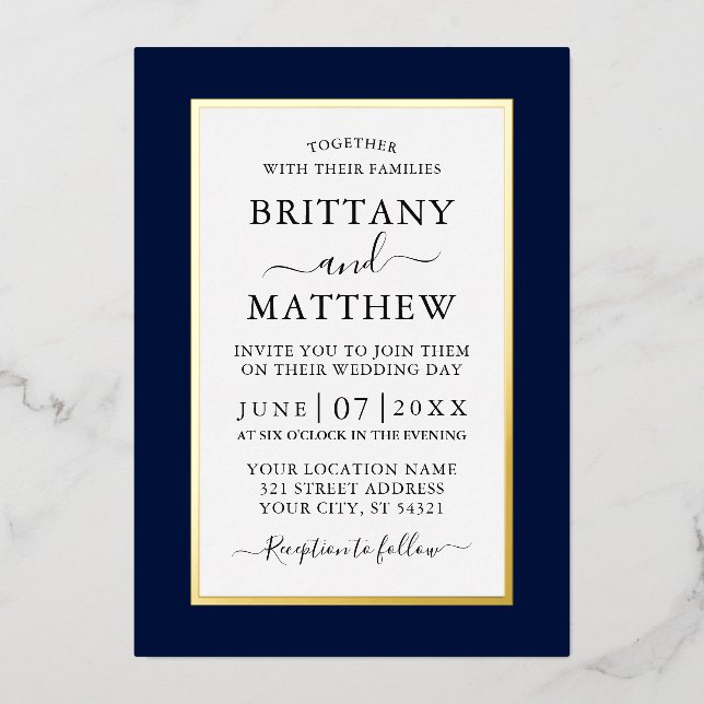 Invitation En Aluminium Mariage élégant moderne Blue Gold (Recto)