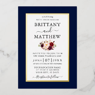 Invitation En Aluminium Mariage élégant moderne Bourgogne Floral Blue Gold