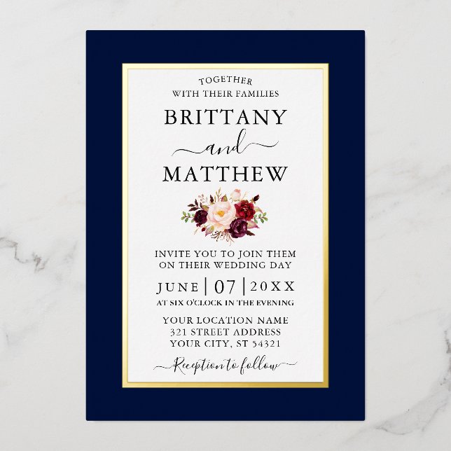 Invitation En Aluminium Mariage élégant moderne Bourgogne Floral Blue Gold (Recto)
