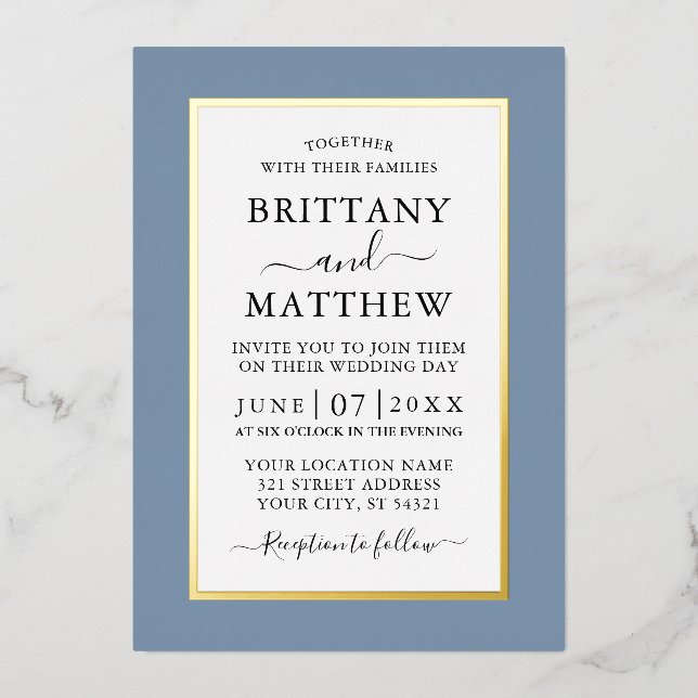 Invitation En Aluminium Mariage élégant moderne Dusty Blue Gold (Recto)