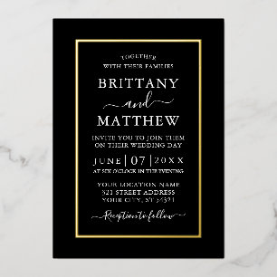 Invitation En Aluminium Mariage Élégant Moderne Noir Blanc Feuille d'Or