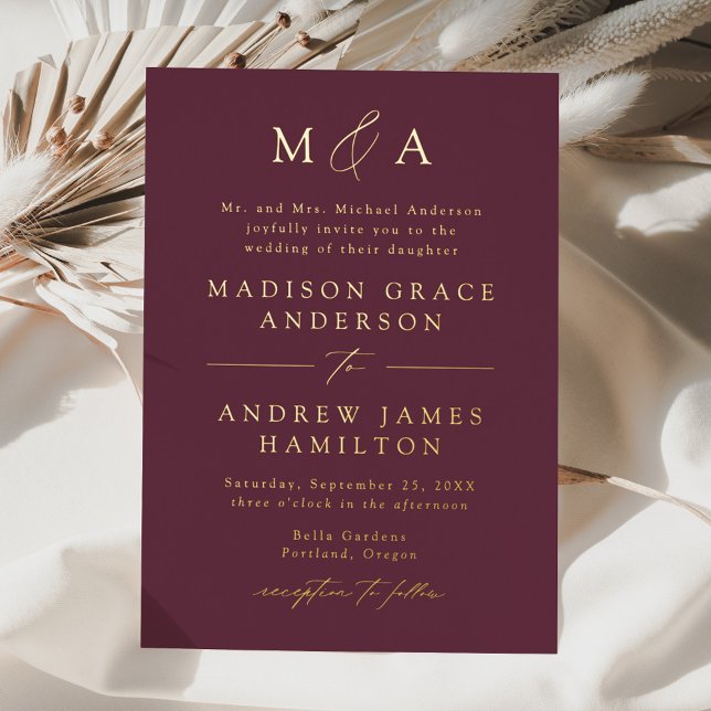 Invitation En Aluminium Mariage Élégant Moderne Violet et Or Monogramme (Créateur téléchargé)