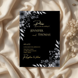 Invitation En Aluminium Mariage Élégant Noir & Blanc Floral Dessiné à la M
