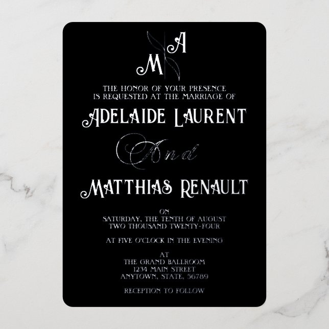 Invitation En Aluminium Mariage Élégant Noir et Blanc à Rayures Argentées (Recto)