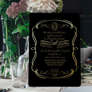 Invitation En Aluminium Mariage Élégant Noir et Or à l'Or fin Vintage