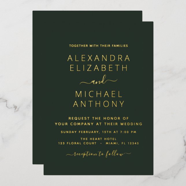 Invitation En Aluminium Mariage Élégant Romantique Emerald Green Gold (Recto/Verso)