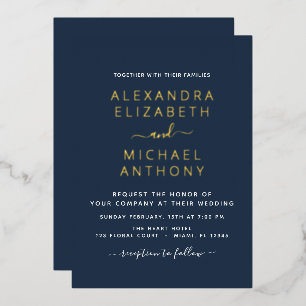 Invitation En Aluminium Mariage Élégant Romantique Marine Bleu Or