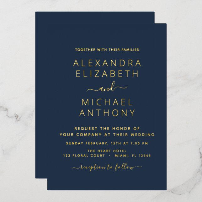 Invitation En Aluminium Mariage Élégant Romantique Marine Bleu Or (Recto/Verso)