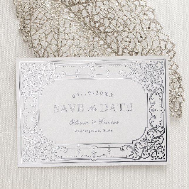 Invitation En Aluminium Mariage élégant romantique orné d'argent (Silver elegant romantic ornate vintage wedding foil invitation)