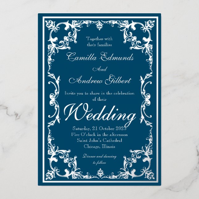 Invitation En Aluminium Mariage Elegant Turquoise Argent Ornate FLourish B (Recto)