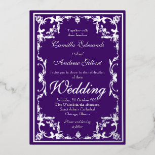 Invitation En Aluminium Mariage Élégant Violet Argent Orné Foil Bordure 