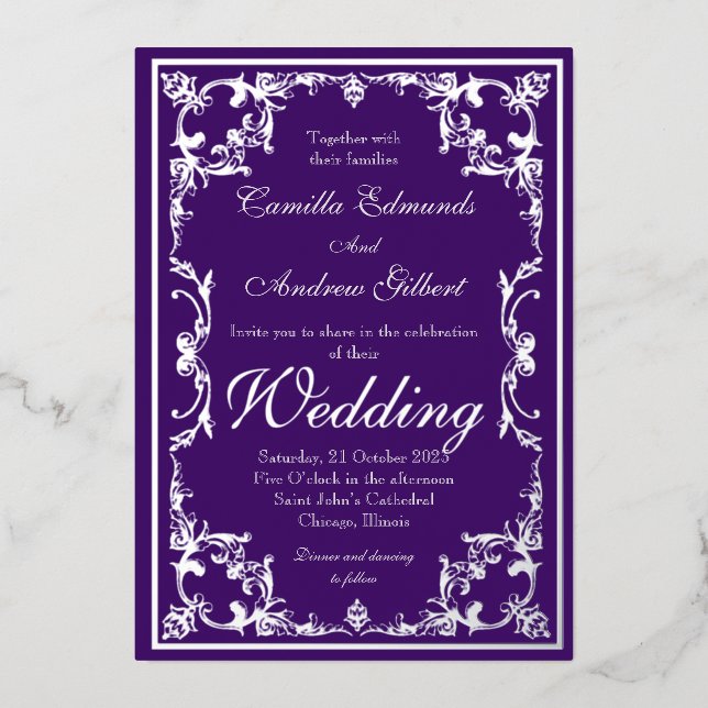 Invitation En Aluminium Mariage Élégant Violet Argent Orné Foil Bordure (Recto)