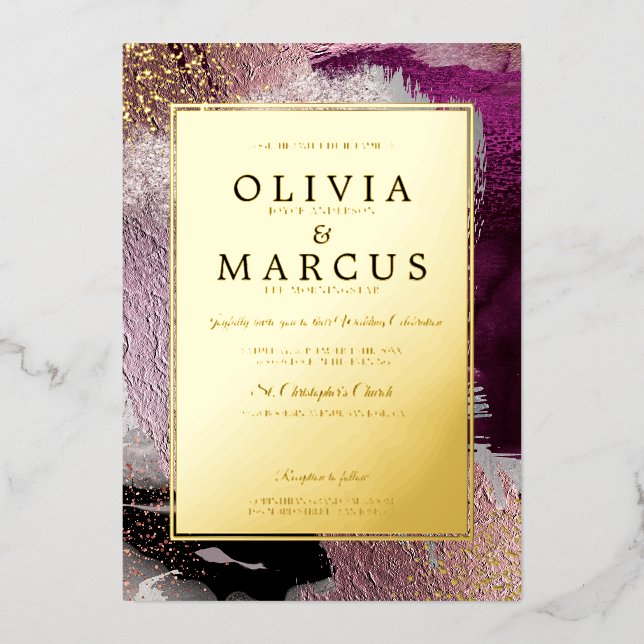 Invitation En Aluminium MARIAGE | Élégante broche à brosse en or Cassis (Recto)