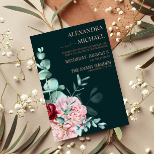 Invitation En Aluminium Mariage Emerald Green Watercolor Bourgogne Fleurs