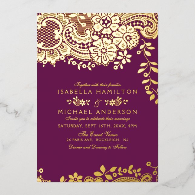 Invitation En Aluminium Mariage en dentelle vintage violet et or (Recto)