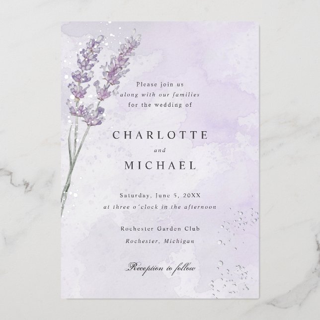 Invitation En Aluminium Mariage en feuille d'argent violet lavande (Recto)