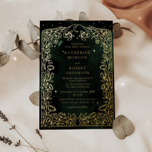 Invitation En Aluminium Mariage Feuille de Lune d'Or Émeraude Céleste