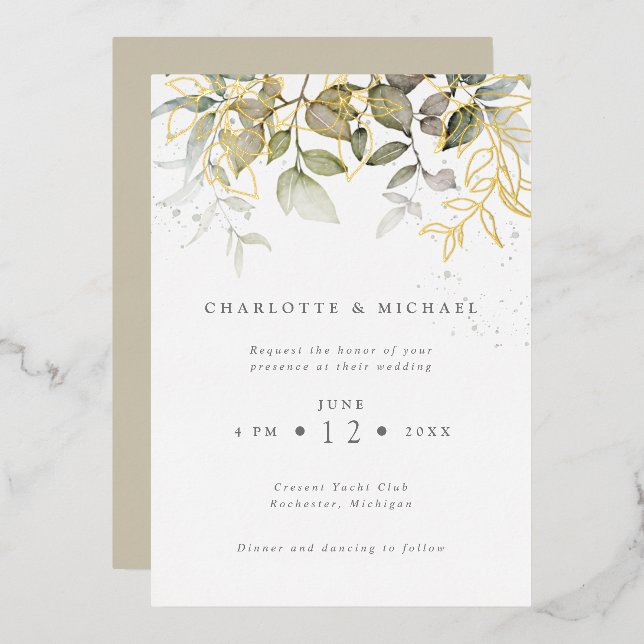 Invitation En Aluminium Mariage feuille d'or et de feuillage (Recto/Verso)
