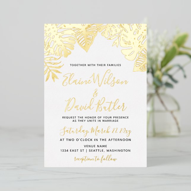 Invitation En Aluminium Mariage Feuille tropical (Debout devant)