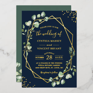 Invitation En Aluminium Mariage feuilles d'eucalyptus géométriques dorées