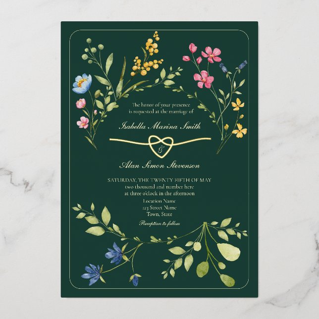 Invitation En Aluminium Mariage Fleur sauvage Emerald Green (Recto)