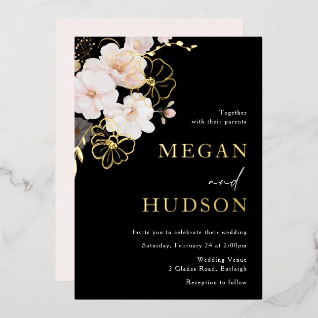 Invitation En Aluminium Mariage Fleur sauvage Gold Foil & Blush (Recto/Verso)