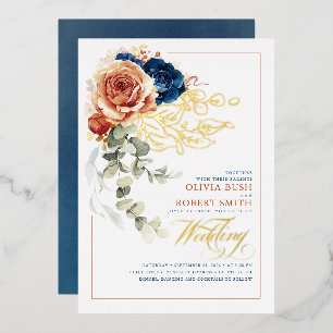 Invitation En Aluminium Mariage Fleur Terracotta Orange Brûlé Bleu Nuit