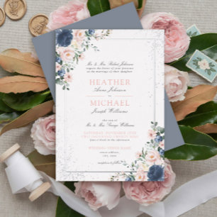Invitation En Aluminium Mariage Fleurie Argent Bleu Poussiéreux Rose Clair