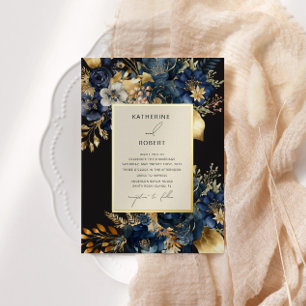 Invitation En Aluminium Mariage Fleuris Or Bleu Minuit Aquarelle