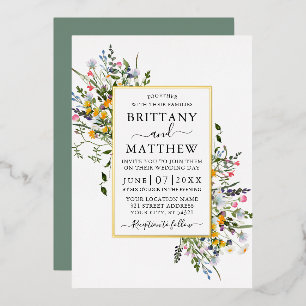 Invitation En Aluminium Mariage Fleurs Sauvages Aquarelle Vert Sauge Or