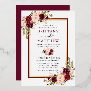 Invitation En Aluminium Mariage Floral Aquarelle Bordeaux et Or