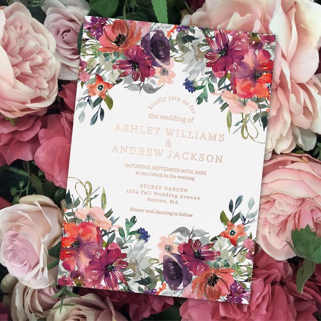 Invitation En Aluminium Mariage floral aquarelle Bourgogne et or rosé  (Créateur téléchargé)