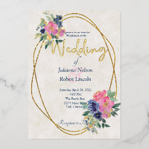 Invitation En Aluminium Mariage floral aquarelle rose et bleu 