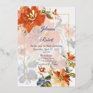 Invitation En Aluminium Mariage floral automnal à l'aquarelle orange et bl