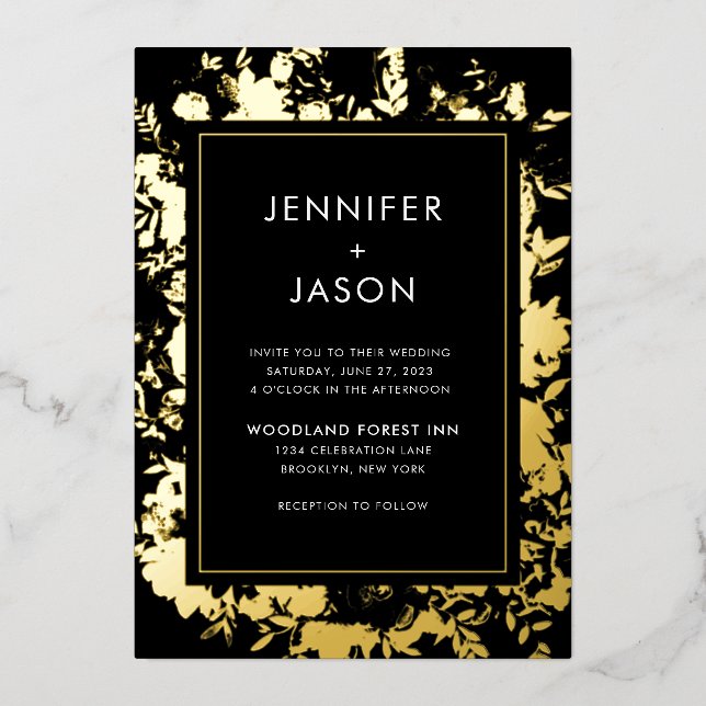 Invitation En Aluminium Mariage Floral Black Gold moderne (Recto)
