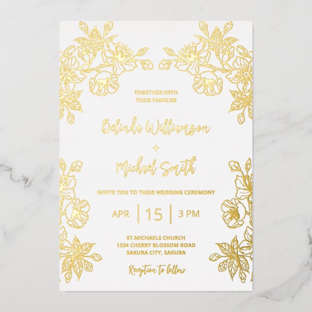 Invitation En Aluminium Mariage Floral Blanc Or (Recto)