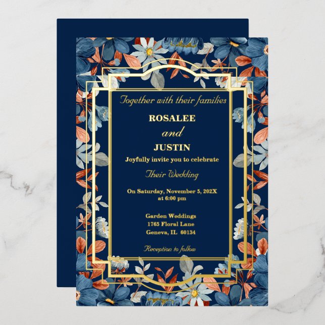 Invitation En Aluminium Mariage Floral Bleu (Recto/Verso)